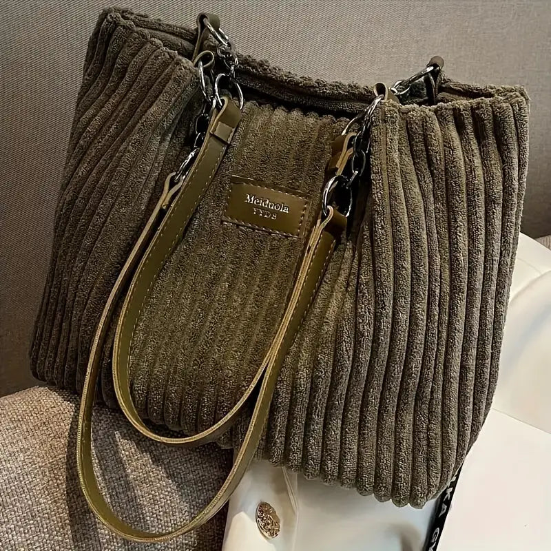 Spacious Corduroy Chain Tote